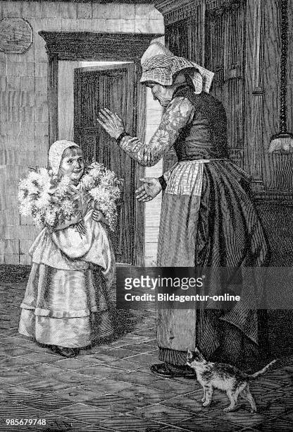 The congratulatory, child congratulates the grandmother for a birthday with a bouquet of flowers, Die Gratulantin, Kind gratuliert der Grossmutter...