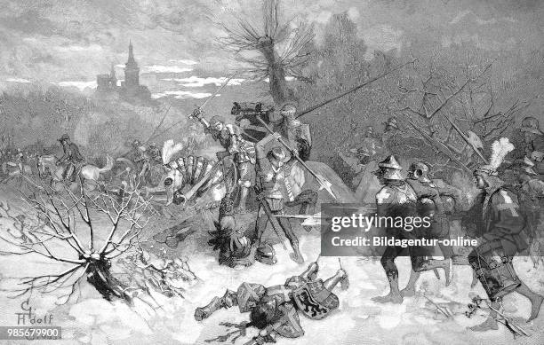 Battle of Nancy, the final and decisive battle of the Burgundian Wars, the escape of Charles the Bold, Digital improved reproduction of an original...