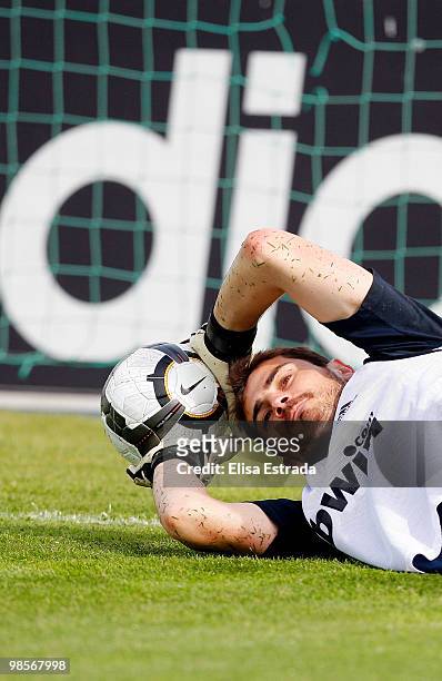 Iker Casillas of real Madrid in action during a training session at Valdebebas on April 20, 2010 in Madrid, Spain.