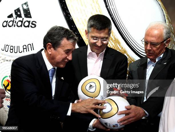 Head coach of the South African national soccer team Carlos Alberto Parreira, Adidas CEO Herbert Hainer and German football legend Franz Beckenbauer...