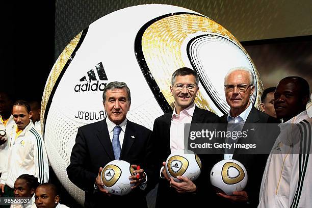 Head coach of the South African national soccer team Carlos Alberto Parreira, Adidas CEO Herbert Hainer and German football legend Franz Beckenbauer...