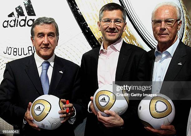 Head coach of the South African national soccer team Carlos Alberto Parreira, Adidas CEO Herbert Hainer and German football legend Franz Beckenbauer...