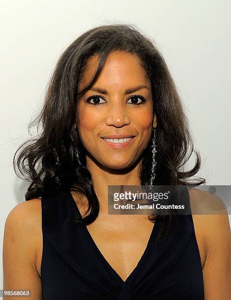 Model Veronica Webb poses for a photo at the exclusive viewing party for "Dhani Tackles The Globe" at Red Bull Space on April 19, 2010 in New York...