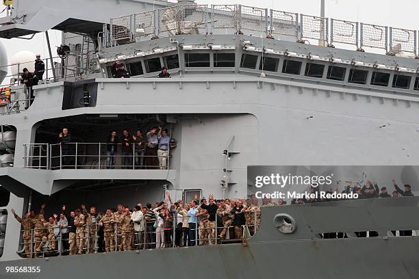 British passengers board HMS Albion at Santander port, on April 20, 2010 in Santander, Spain. The Royal Navy's HMS Albion has arrived at Santander to...