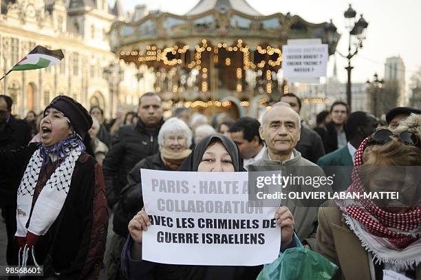 Members of the "Collectif national pour une paix juste et durable entre Palestiniens et Israeliens" gather to protest against the inauguration of a...