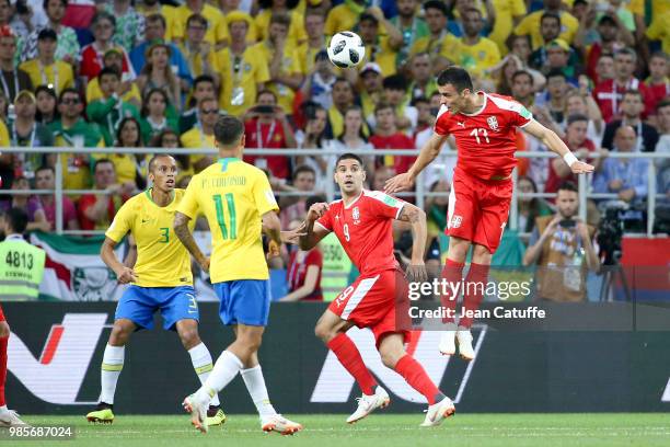 Aleksandar Mitrovic, Filip Kostic of Serbia, Miranda of Brazil during the 2018 FIFA World Cup Russia group E match between Serbia and Brazil at...