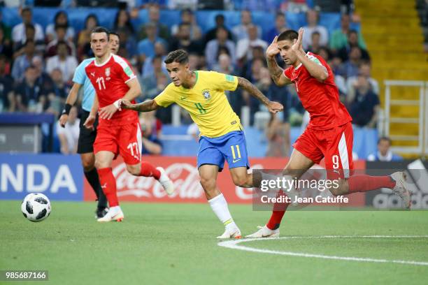 Philippe Coutinho of Brazil, Aleksandar Mitrovic of Serbia during the 2018 FIFA World Cup Russia group E match between Serbia and Brazil at Spartak...