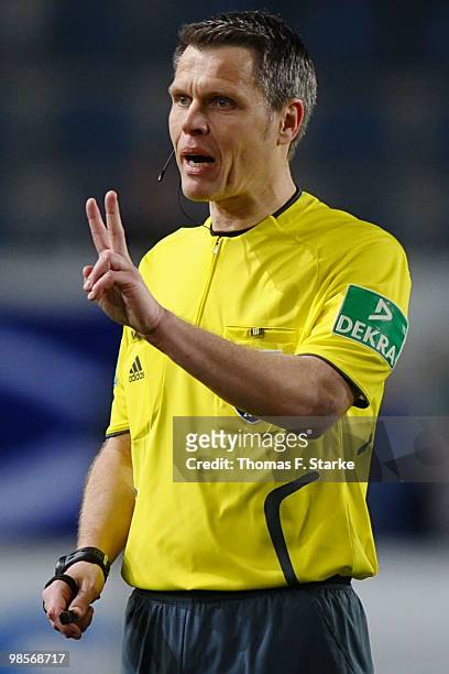 Referee Michael Weiner reacts during the Second Bundesliga match between Arminia Bielefeld and 1. FC Kaiserslautern at the Schueco Arena on April 19,...
