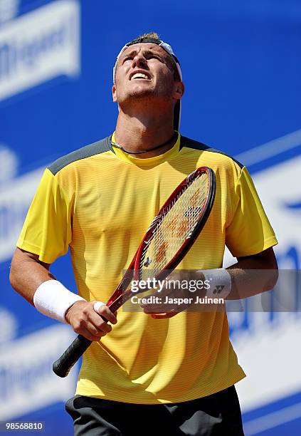 Lleyton Hewitt of Australia reacts during his match against Marsel Ilhan of Turkey on day two of the ATP 500 World Tour Barcelona Open Banco Sabadell...