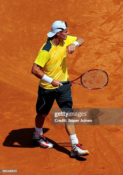 Lleyton Hewitt of Australia reacts during his match against Marsel Ilhan of Turkey on day two of the ATP 500 World Tour Barcelona Open Banco Sabadell...