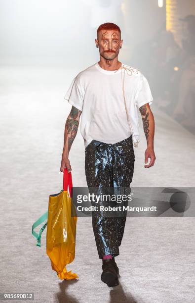 Model walks the runway for Brain & Beast show during the Barcelona 080 Fashion Week on June 27, 2018 in Barcelona, Spain.