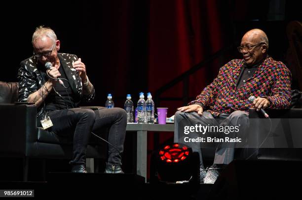 Nic Harcount in conversation with Quincy Jones at A Life In Song: Quincy Jones at The O2 Arena on June 27, 2018 in London, England.