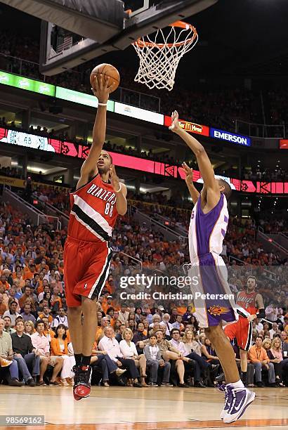 Nicolas Batum of the Portland Trail Blazers lays up a shot against the Phoenix Suns during Game One of the Western Conference Quarterfinals of the...