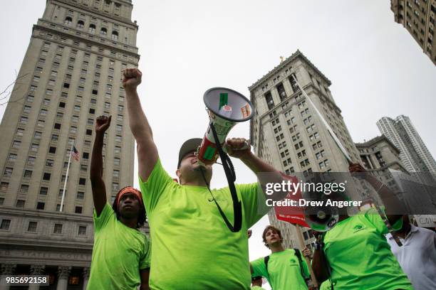 Union activists and supporters rally against the Supreme Court's ruling in the Janus v. AFSCME case, in Foley Square in Lower Manhattan, June 27,...