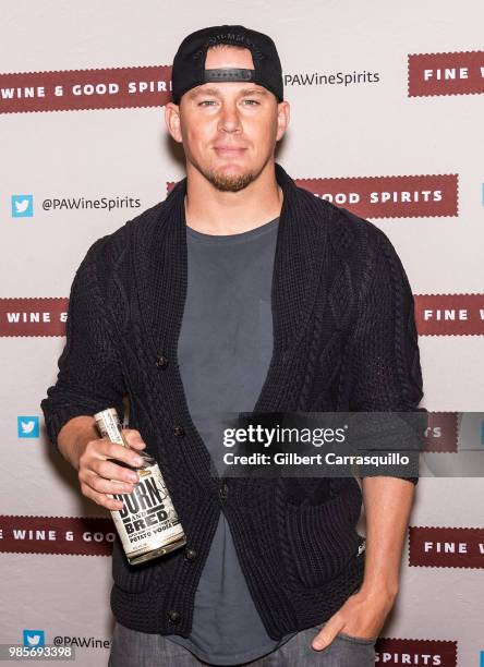 Actor Channing Tatum signs bottles of Born And Bred Vodka on June 27, 2018 in Hummelstown, Pennsylvania.