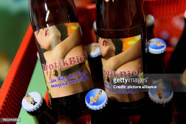 Several bottles of "Erotic Beer" pictured in a case in the southern wing of the Lang-Braeu Brewery in Wunsiedel, Germany, 19 December 2017. Photo:...