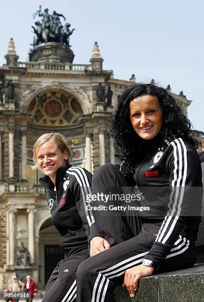 Martina Mueller and Lira Bajramaj of the Women's German national football team pose during the visit of the Semperoper on April 20, 2010 in Dresden,...