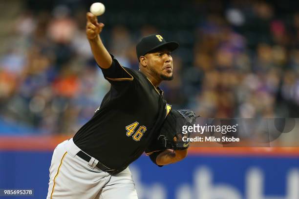 Ivan Nova of the Pittsburgh Pirates pitches in the first inning against the New York Mets at Citi Field on June 27, 2018 in the Flushing neighborhood...