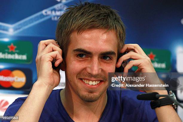 Philipp Lahm smiles during a press conference on April 20, 2010 in Munich, Germany. Bayern Muenchen will play against Olympic Lyon at the UEFA...