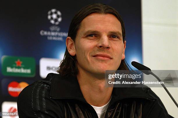 Daniel van Buyten smiles during a press conference on April 20, 2010 in Munich, Germany. Bayern Muenchen will play against Olympic Lyon at the UEFA...