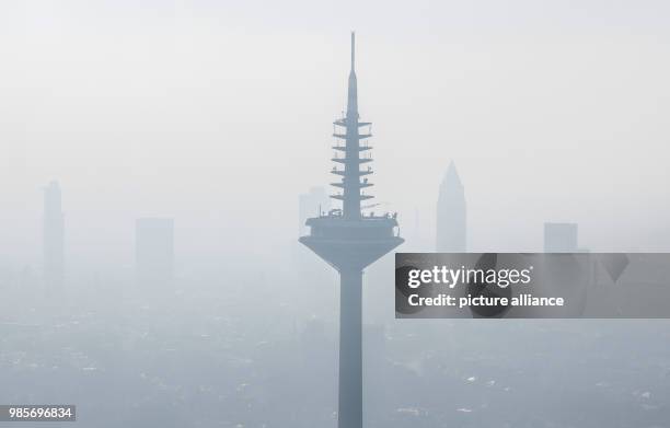 The Europaturm television tower, also known as the "Ginnheimer Spargel" , rising above the skyline during an inspection flight of the Federal Police...