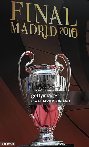 View of the UEFA Champions League Trophy presented at the Cibeles Palace in Madrid on April 16, 2010. The UEFA Champions League final will be played...