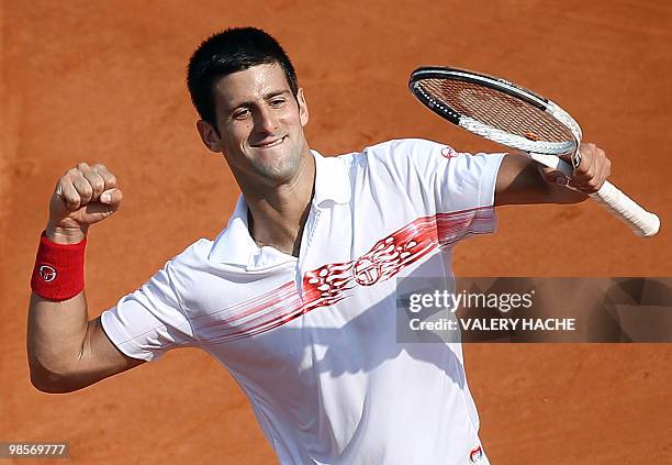 Serbian Novak Djokovic jubilates at the end of his ATP Monte Carlo Masters 1000 quarter-final against Argentinian David Nalbandian on April 16, 2010...