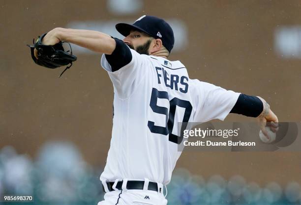 Mike Fiers of the Detroit Tigers pitches against the Oakland Athletics during the second inning at Comerica Park on June 27, 2018 in Detroit,...