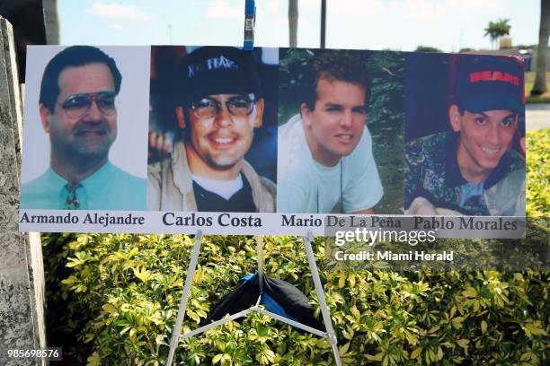 The pictures of the the four Brothers to the Rescue pilots that were shot down by the Castro government 21 years ago, are display during a memorial...