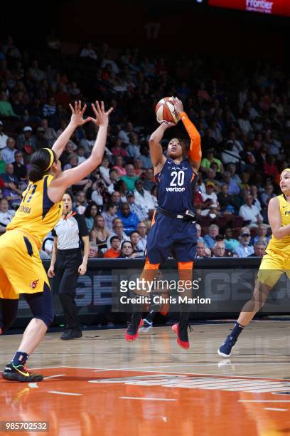 Alex Bentley of the Connecticut Sun shoots the ball against the Indiana Fever on June 27, 2018 at Mohegan Sun Arena in Uncasville, Connecticut. NOTE...