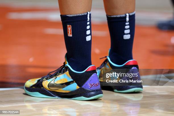 The sneakers worn by Candice Dupree of the Indiana Fever are seen during the game against the Connecticut Sun on June 27, 2018 at Mohegan Sun Arena...