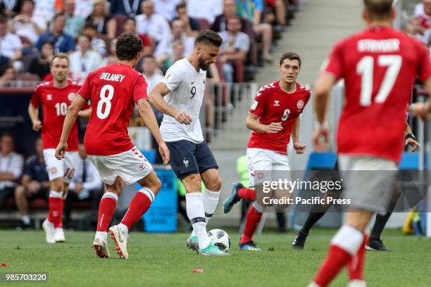 Thomas Delaney of Denmark, Olivier Giroud of France, Andreas Christensen of Denmark and Jens Stryger Larsen of Denmark during the game between...