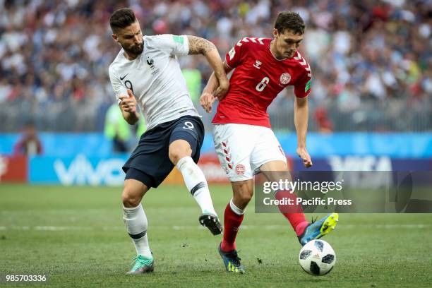 Olivier Giroud of France and Andreas Christensen of Denmark during the game between Denmark and France valid for the third round of group C of the...