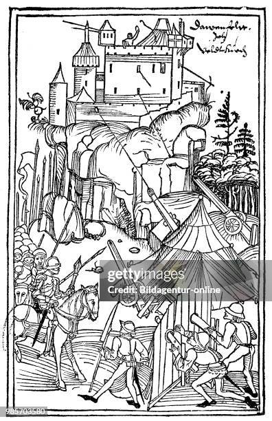 Bombardment of a rock fortress in the 15th century, Germany,, digital improved reproduction of a woodcut publication in the year 1885.