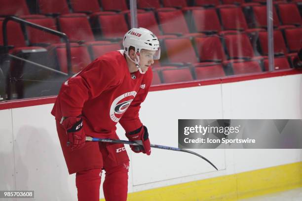 Carolina Hurricanes Prospect Camp Left Wing Brendan Budy during the Carolina Hurricanes Development Camp on June 27, 2018 at PNC Arena in Raleigh, NC.