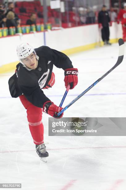 Carolina Hurricanes Prospect Camp Defenseman Luke Martin stick breaks during the Carolina Hurricanes Development Camp on June 27, 2018 at PNC Arena...