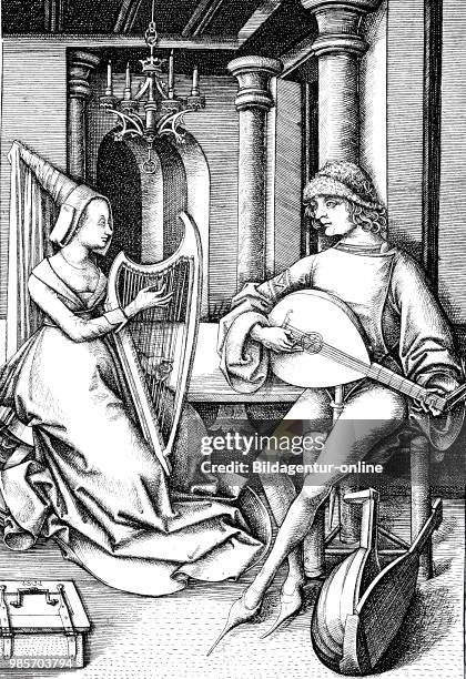 House music with harp and lute, composition in the 15th century, facsimile of the copper engraving by Israhel van Meckenem, Germany,, digital...