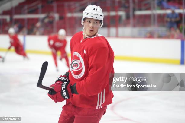 Carolina Hurricanes Prospect Camp Right Wing Andrei Svechnikov during the Carolina Hurricanes Development Camp on June 27, 2018 at PNC Arena in...