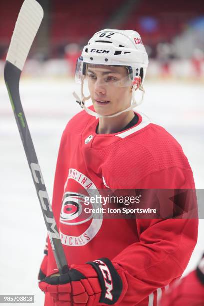 Carolina Hurricanes Prospect Camp Center Luke Henman during the Carolina Hurricanes Development Camp on June 27, 2018 at PNC Arena in Raleigh, NC.