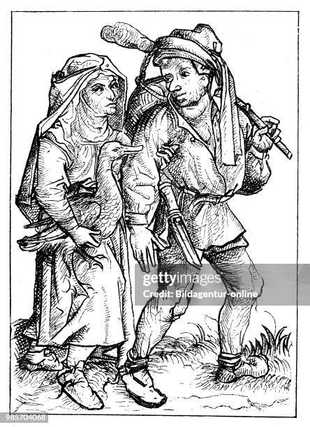 Farmers with goose and rifle in the 15th century, facsimile of copper engraving from the so-called master of 1480, Germany, digital improved...