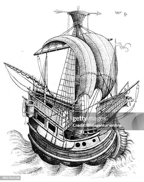 Ship from the 15th century, facsimile of the copper engraving by Israhel van Meckenem, Germany,, digital improved reproduction of a woodcut...