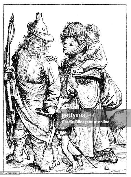 Farmers with two children and he with a bow in the 15th century, facsimile of the copper engraving by the so-called master of 1480, Germany,, digital...