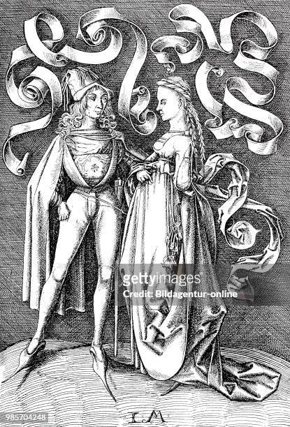 Couple wearing Low German dress, costume, from the second half of the 15th century, facsimile of the copper engraving by Israhel van Meckenem,...