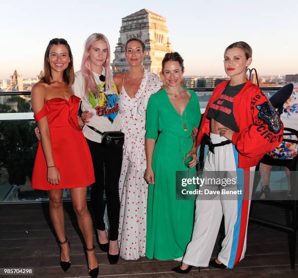 Lara Fraser, India Rose James, Laura Pradelska, guest and Ashley Roberts attend the opening of new rooftop bar Savage Garden on June 27, 2018 in...