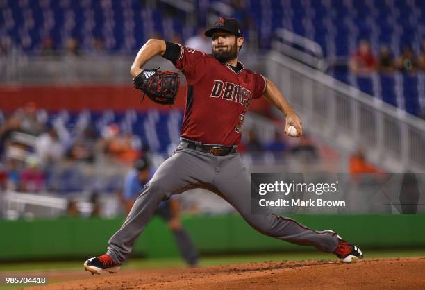 Robbie Ray of the Arizona Diamondbacks pitches in the first inning during the game against the Miami Marlins at Marlins Park on June 27, 2018 in...