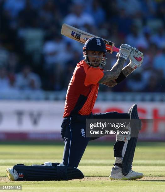 Alex Hales of England bats during the 1st NatWest T20 International cricket match between England and Australia at Edgbaston cricket ground on June...