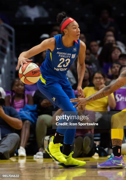 Dallas Wings forward Aerial Powers looks to pas the ball during the game between the Dallas Wings and the Los Angeles Sparks on June 26 at STAPLES...