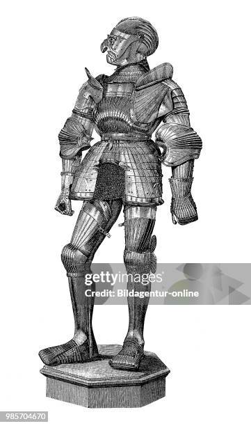 So-called Milan armor, Harnisch, of the 15th and 16th century, Austria, digital improved reproduction of a woodcut publication in the year 1885.