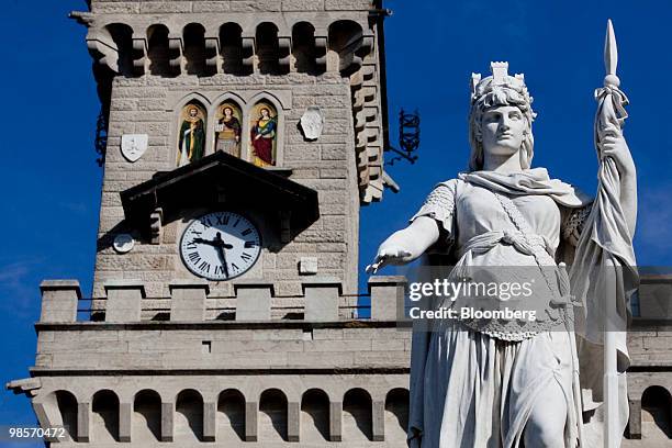 Clock is seen on the Palazzo Publico, or town hall, of the Republic of San Marino, in San Marino, on Monday, April 19, 2010. San Marino, which is...