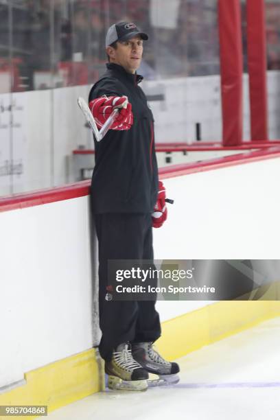 Head Coach Rod Brind'Amour during the Carolina Hurricanes Development Camp on June 27, 2018 at PNC Arena in Raleigh, NC.